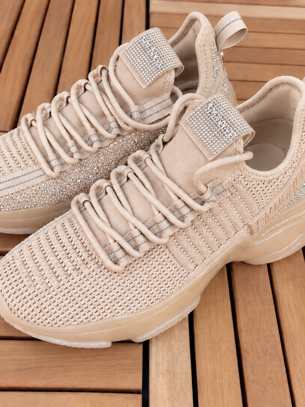 Beige Women's Knit Rhinestone Lace-Up Sneakers